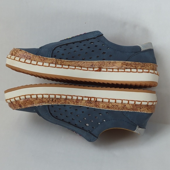 Faux Suede Leather Perforated Cork Look Slip On Sneaker 8 Blue - Picture 7 of 16